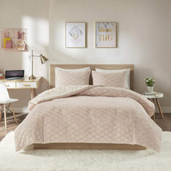 Ainsley Comforter Set-Geometric Metallic Print to Faux Fur Reverse Trendy All Season Hypoallergenic Bedding, Matching Sham, King, Blush 3 Piece (ID10-1763)