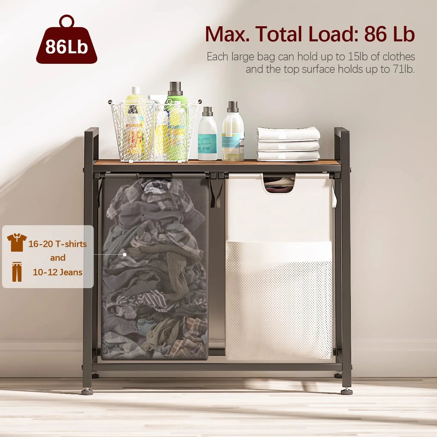 Laundry Hamper, 112L Large Double Laundry Basket, Freestanding Laundry Sorter Organizer 2 Section with Top Shelf & 2 Removable Washable Bags & Side Pockets for Dorm