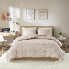 Ainsley Comforter Set-Geometric Metallic Print to Faux Fur Reverse Trendy All Season Hypoallergenic Bedding, Matching Sham, King, Blush 3 Piece (ID10-1763)