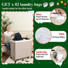 Laundry Hamper with Lid PE Rattan Powder Coating Frame Clothes Hampers with 02 Removable Bags, Wheels, 160L, Gray Color