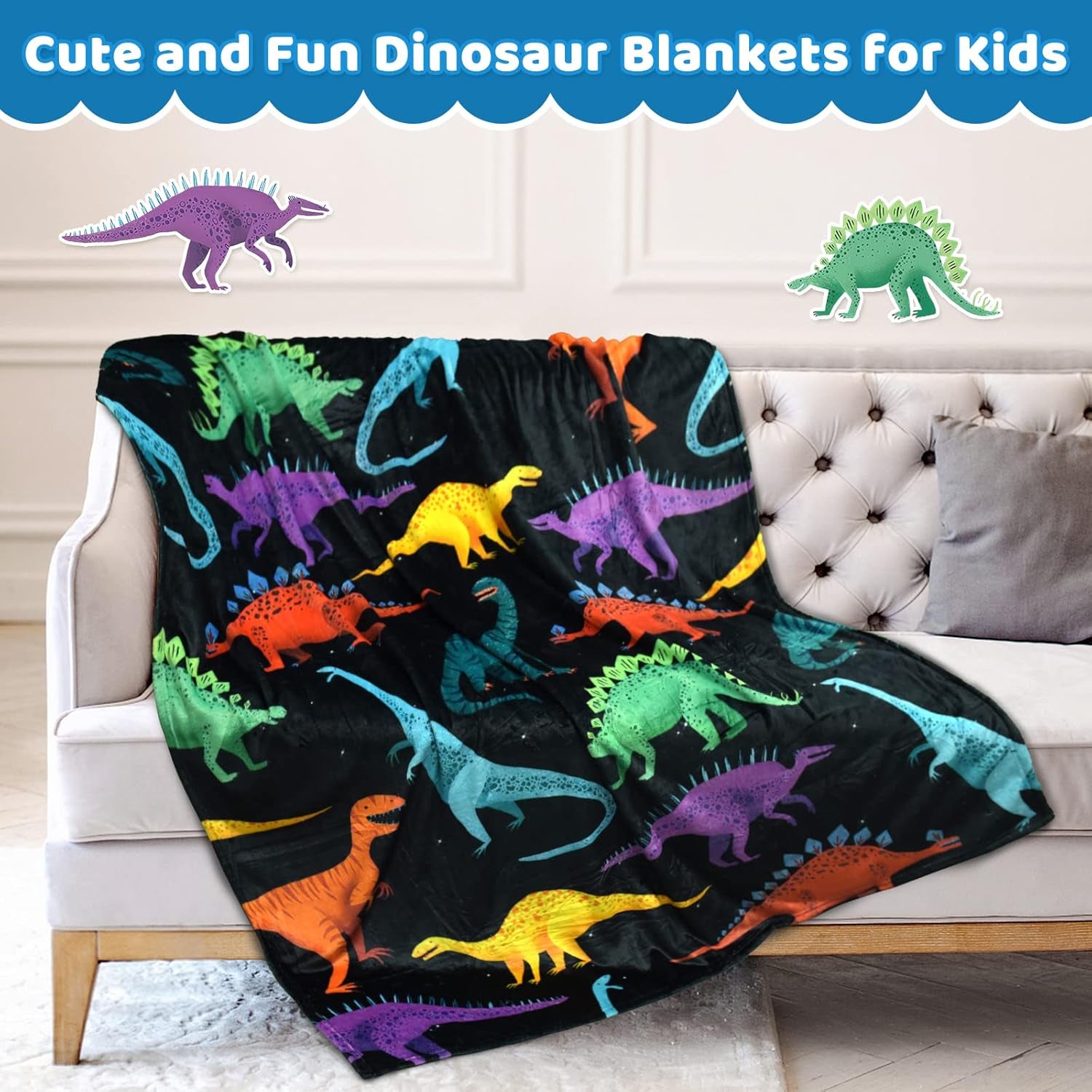 Kids Dinosaur Blanket for Boys Girls Room Decor Personalized Cute Toddler Throw Blanket Chiristmas Dinasour Birthday Year Old Gifts Toys 40X50