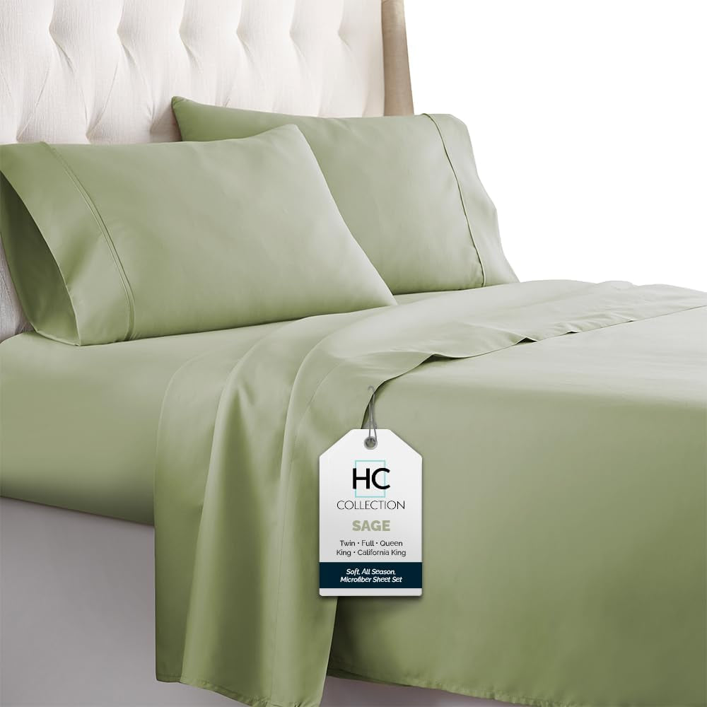 Bed Sheets Set Queen with 2 Pillowcases, Hotel Luxury Platinum 1800 Series Brushed Microfiber Deep Pocket Fitted Sheet, Fade Resistant Ultra Soft 4 Pcs Bedding for Hot Sleepers, Sage