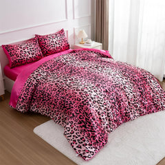 Leopard Printed,Satin Silky Soft Quilt Sexy Luxury Super Soft Microfiber Comforter Quilt Bedding Comforter Set Full/Queen, Light Weighted (Pink, Queen(88-By-88-Inches))