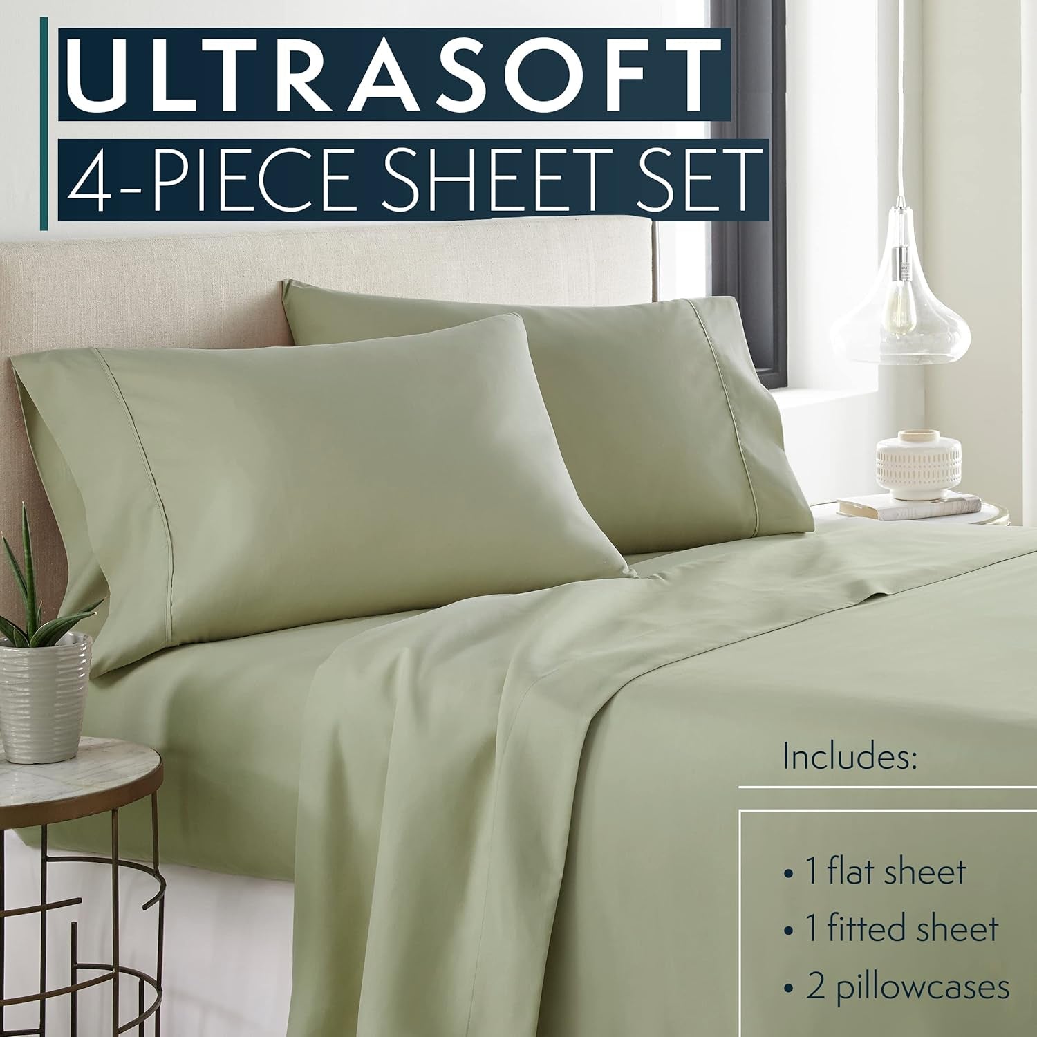 Bed Sheets Set Queen with 2 Pillowcases, Hotel Luxury Platinum 1800 Series Brushed Microfiber Deep Pocket Fitted Sheet, Fade Resistant Ultra Soft 4 Pcs Bedding for Hot Sleepers, Sage