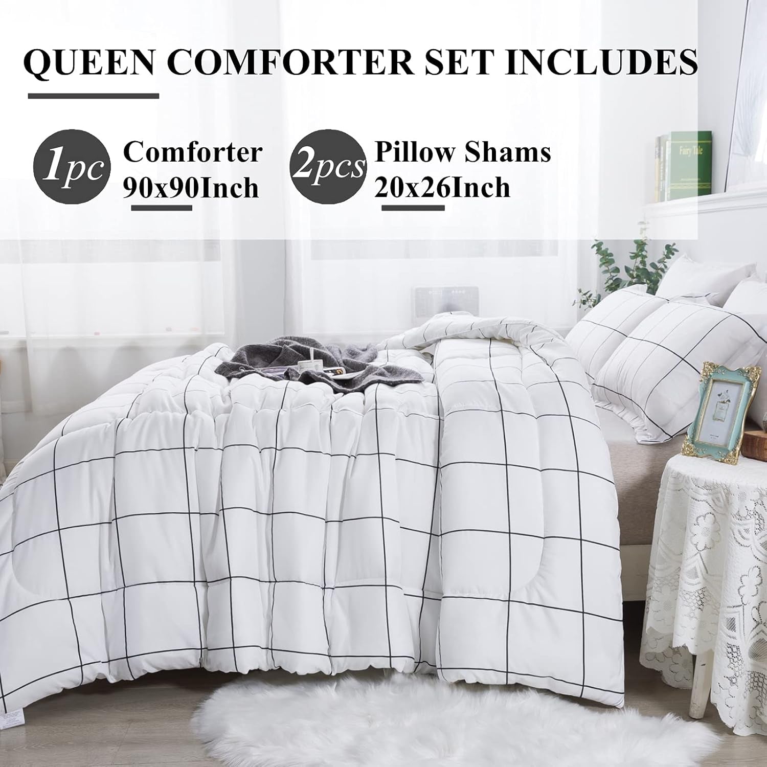 White Grid Comforter Set Queen(90X90Inch), 3 Pieces (1 Plaid Comforter and 2 Pillowcases) White Plaid Comforter Set, Lightweight Microfiber Gingham Geometric Comforter Bedding Set