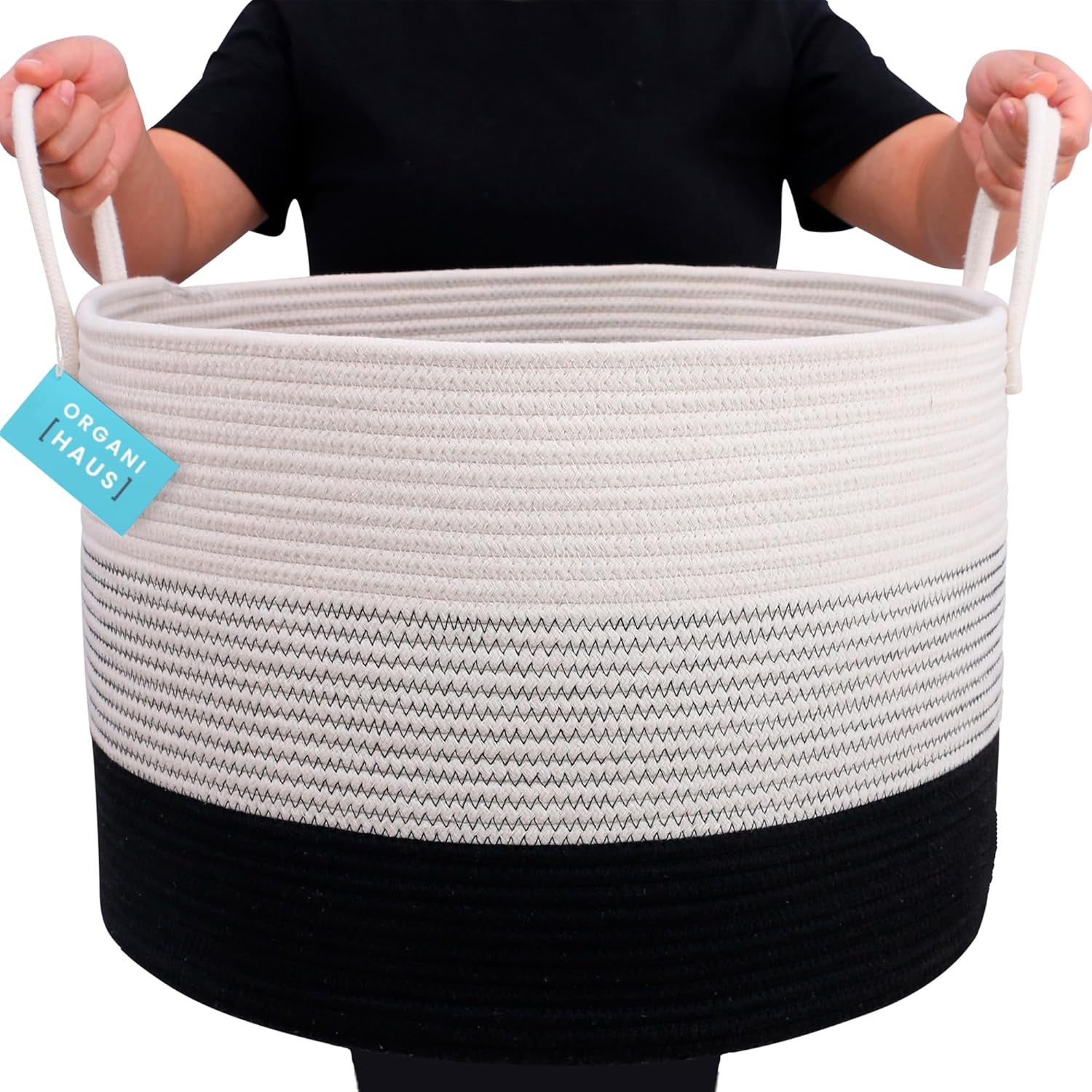 Large Woven Storage Basket for Blankets and Toys 20" X 13" Inch, Rope Laundry Basket with Handles, Cushions & Pillows Storage Bin, Nursery Hamper, Soft round Dog Toy Bin - Black/Off-White