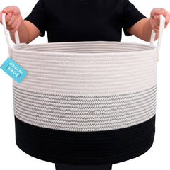 Large Woven Storage Basket for Blankets and Toys 20" X 13" Inch, Rope Laundry Basket with Handles, Cushions & Pillows Storage Bin, Nursery Hamper, Soft round Dog Toy Bin - Black/Off-White