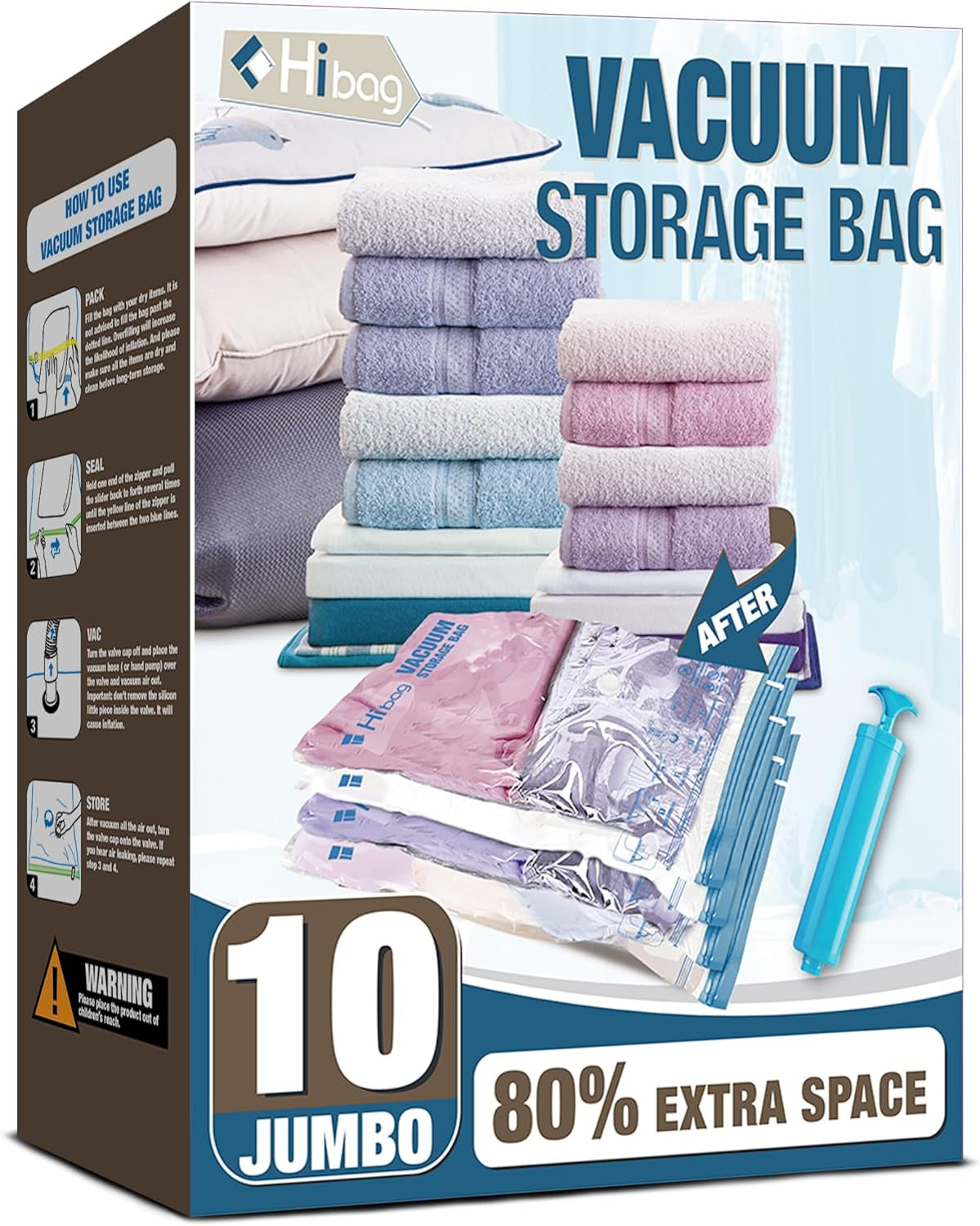 Vacuum Storage Seal Bags, 10 Jumbo Space Saver Vacuum Sealer Bags for Clothes, Comforters, Blankets, Bedding (10J)
