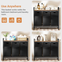 Laundry Basket, 142L Large Double, Freestanding Laundry Hamper 3 Section with Top Shelf & 3 Removable Washable Bags & Side Pockets for Dorm