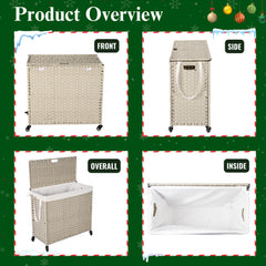 Laundry Hamper with Lid PE Rattan Powder Coating Frame Clothes Hampers with 02 Removable Bags, Wheels, 160L, Gray Color
