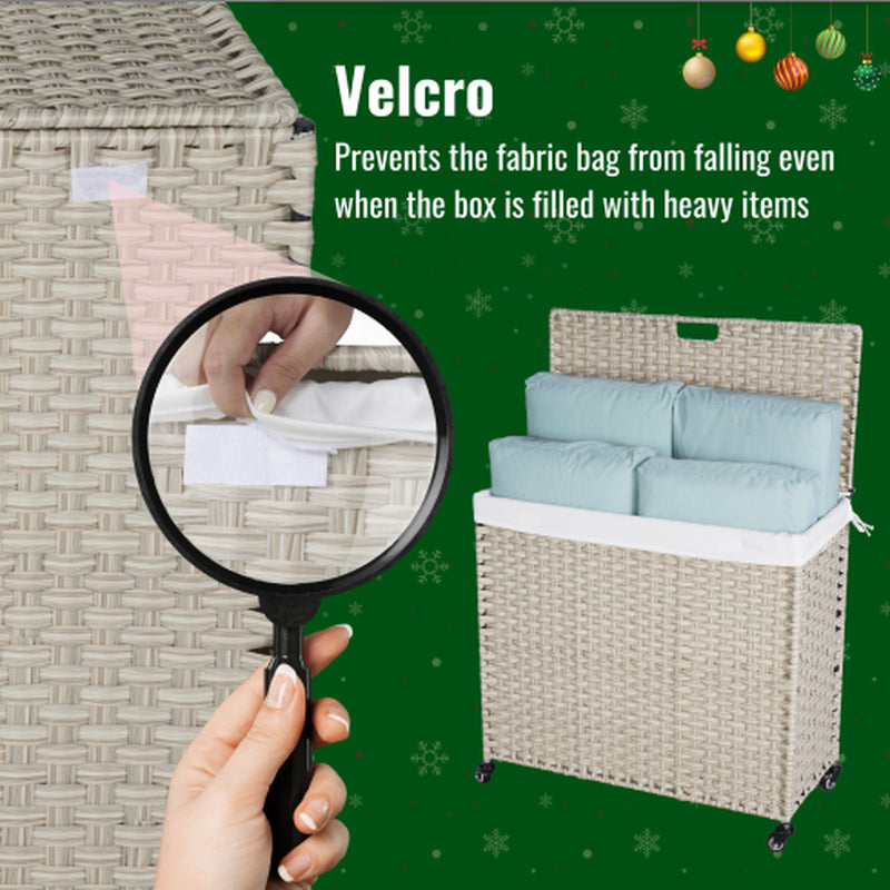 Laundry Hamper with Lid PE Rattan Powder Coating Frame Clothes Hampers with 02 Removable Bags, Wheels, 160L, Gray Color