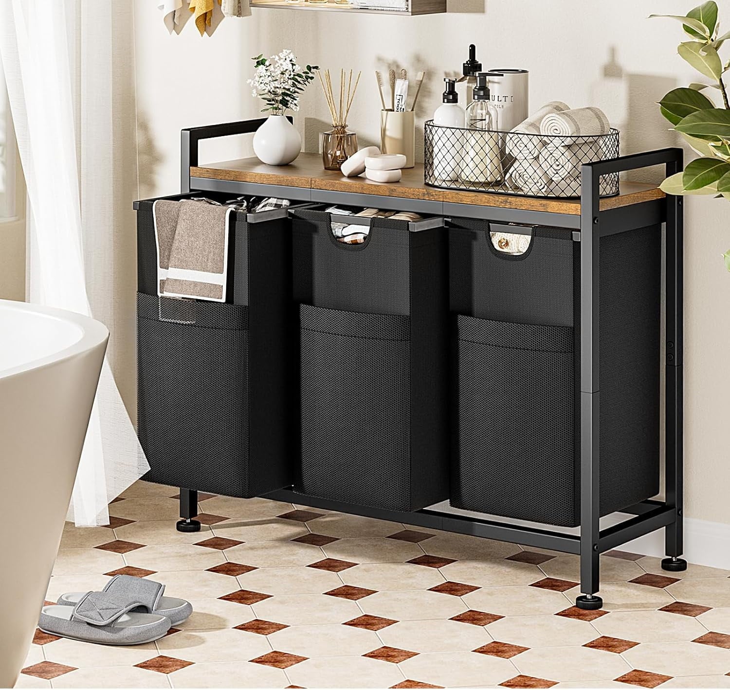 Laundry Basket, 142L Large Double, Freestanding Laundry Hamper 3 Section with Top Shelf & 3 Removable Washable Bags & Side Pockets for Dorm