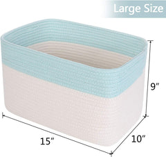 3PCS Woven Cotton Rope Storage Baskets with Handles Large Washable Laundry Basket Set Decorative Storage Bins Boxes Blanket Clothes Towel Organizer - White/Light Blue
