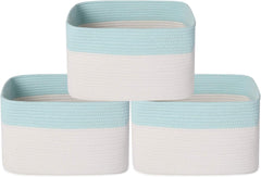 3PCS Woven Cotton Rope Storage Baskets with Handles Large Washable Laundry Basket Set Decorative Storage Bins Boxes Blanket Clothes Towel Organizer - White/Light Blue