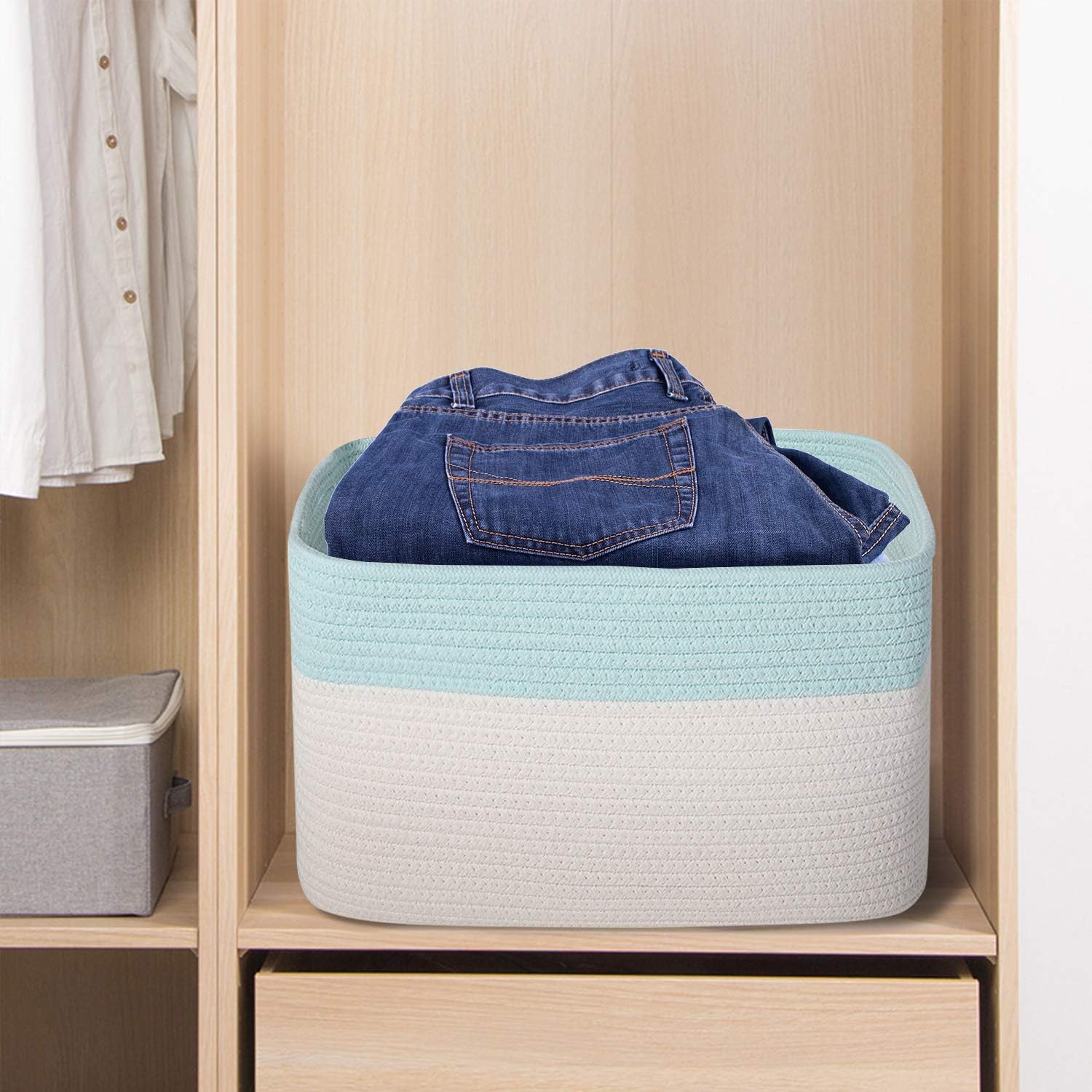 3PCS Woven Cotton Rope Storage Baskets with Handles Large Washable Laundry Basket Set Decorative Storage Bins Boxes Blanket Clothes Towel Organizer - White/Light Blue