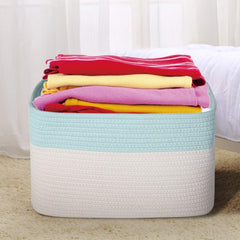 3PCS Woven Cotton Rope Storage Baskets with Handles Large Washable Laundry Basket Set Decorative Storage Bins Boxes Blanket Clothes Towel Organizer - White/Light Blue