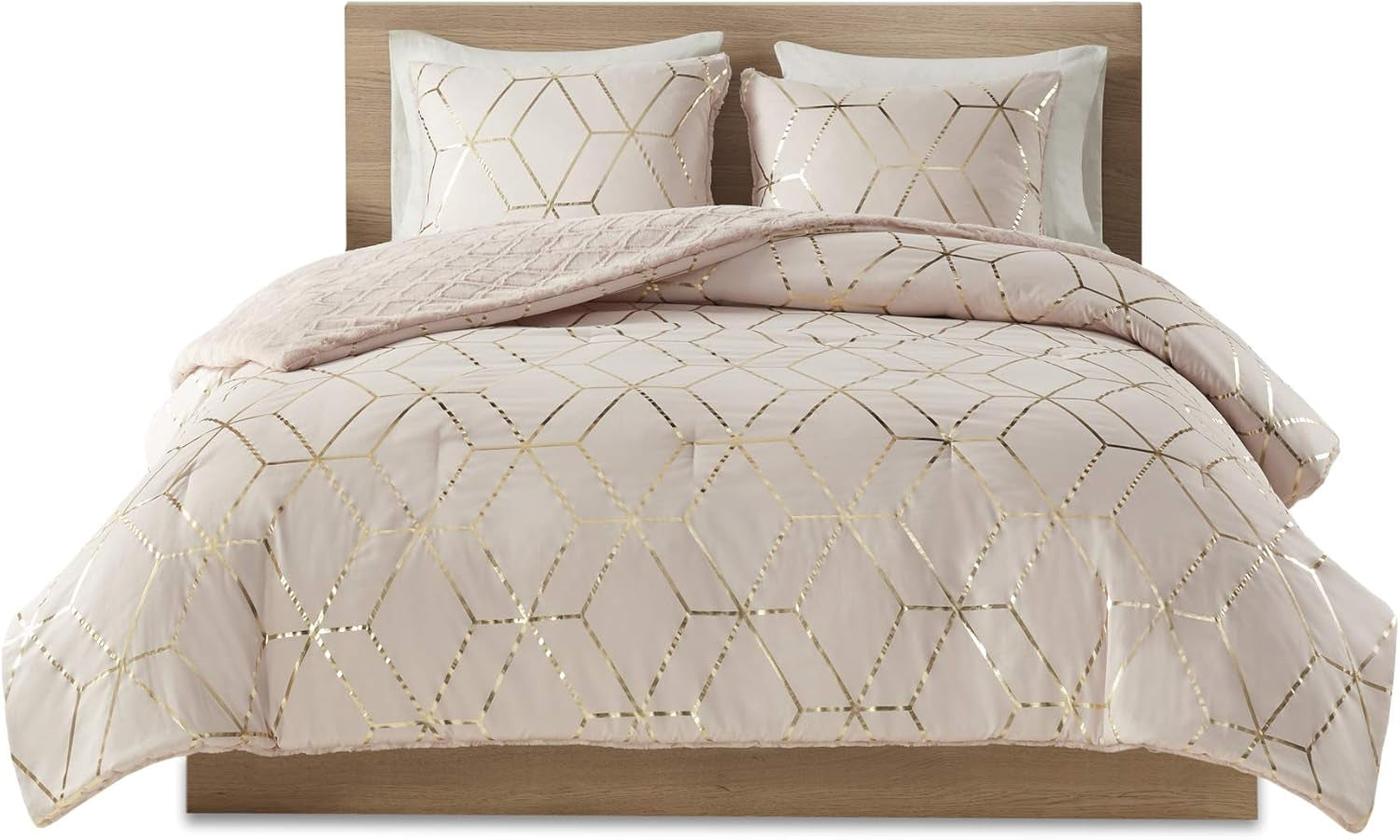 Ainsley Comforter Set-Geometric Metallic Print to Faux Fur Reverse Trendy All Season Hypoallergenic Bedding, Matching Sham, King, Blush 3 Piece (ID10-1763)
