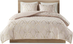 Ainsley Comforter Set-Geometric Metallic Print to Faux Fur Reverse Trendy All Season Hypoallergenic Bedding, Matching Sham, King, Blush 3 Piece (ID10-1763)