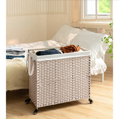 Laundry Hamper with Lid PE Rattan Powder Coating Frame Clothes Hampers with 02 Removable Bags, Wheels, 160L, Gray Color