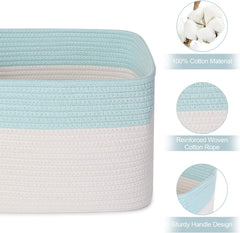 3PCS Woven Cotton Rope Storage Baskets with Handles Large Washable Laundry Basket Set Decorative Storage Bins Boxes Blanket Clothes Towel Organizer - White/Light Blue