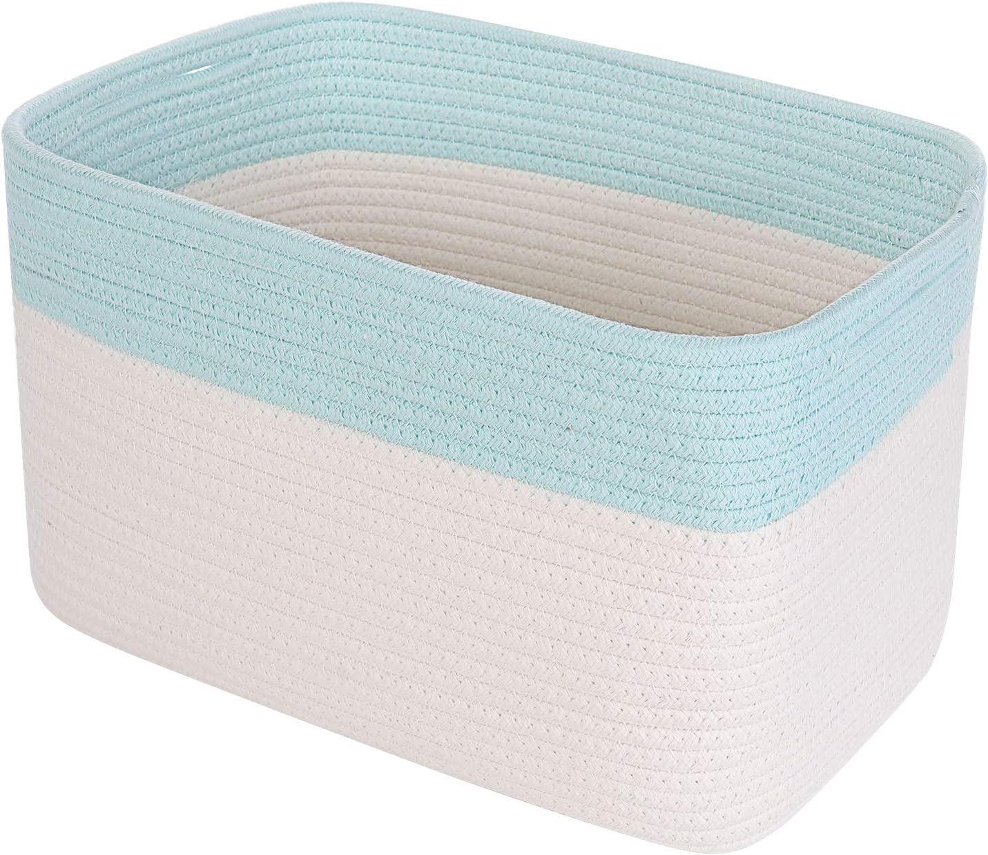 3PCS Woven Cotton Rope Storage Baskets with Handles Large Washable Laundry Basket Set Decorative Storage Bins Boxes Blanket Clothes Towel Organizer - White/Light Blue