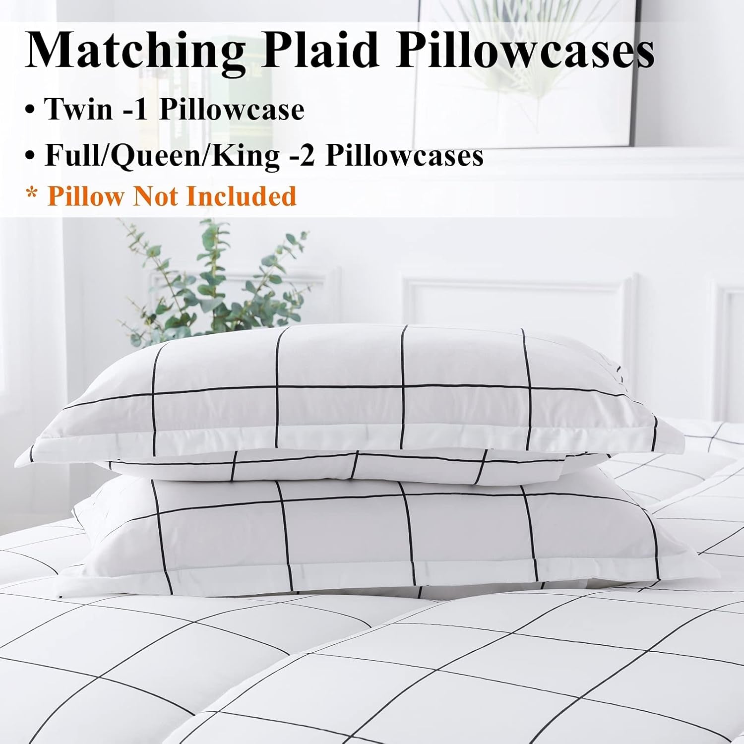 White Grid Comforter Set Queen(90X90Inch), 3 Pieces (1 Plaid Comforter and 2 Pillowcases) White Plaid Comforter Set, Lightweight Microfiber Gingham Geometric Comforter Bedding Set