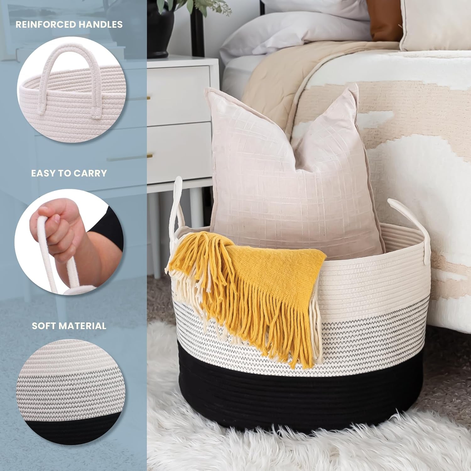 Large Woven Storage Basket for Blankets and Toys 20" X 13" Inch, Rope Laundry Basket with Handles, Cushions & Pillows Storage Bin, Nursery Hamper, Soft round Dog Toy Bin - Black/Off-White