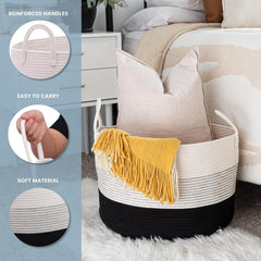Large Woven Storage Basket for Blankets and Toys 20" X 13" Inch, Rope Laundry Basket with Handles, Cushions & Pillows Storage Bin, Nursery Hamper, Soft round Dog Toy Bin - Black/Off-White
