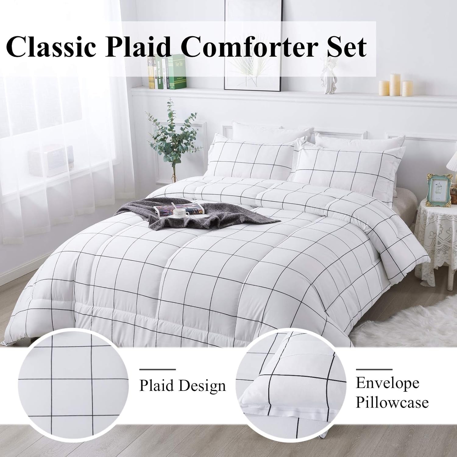 White Grid Comforter Set Queen(90X90Inch), 3 Pieces (1 Plaid Comforter and 2 Pillowcases) White Plaid Comforter Set, Lightweight Microfiber Gingham Geometric Comforter Bedding Set