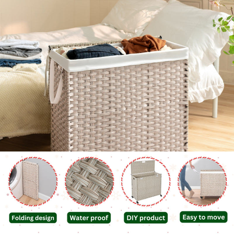 Laundry Hamper with Lid PE Rattan Powder Coating Frame Clothes Hampers with 02 Removable Bags, Wheels, 160L, Gray Color