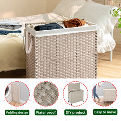 Laundry Hamper with Lid PE Rattan Powder Coating Frame Clothes Hampers with 02 Removable Bags, Wheels, 160L, Gray Color