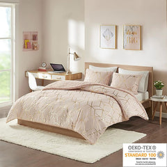 Ainsley Comforter Set-Geometric Metallic Print to Faux Fur Reverse Trendy All Season Hypoallergenic Bedding, Matching Sham, King, Blush 3 Piece (ID10-1763)