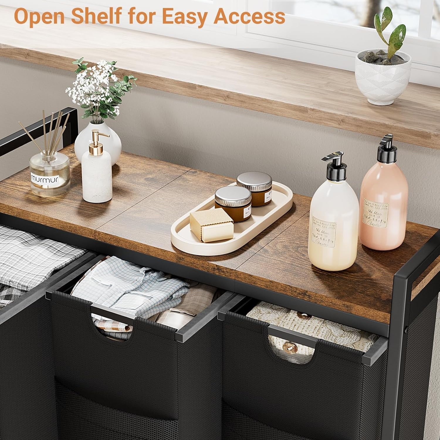 Laundry Basket, 142L Large Double, Freestanding Laundry Hamper 3 Section with Top Shelf & 3 Removable Washable Bags & Side Pockets for Dorm