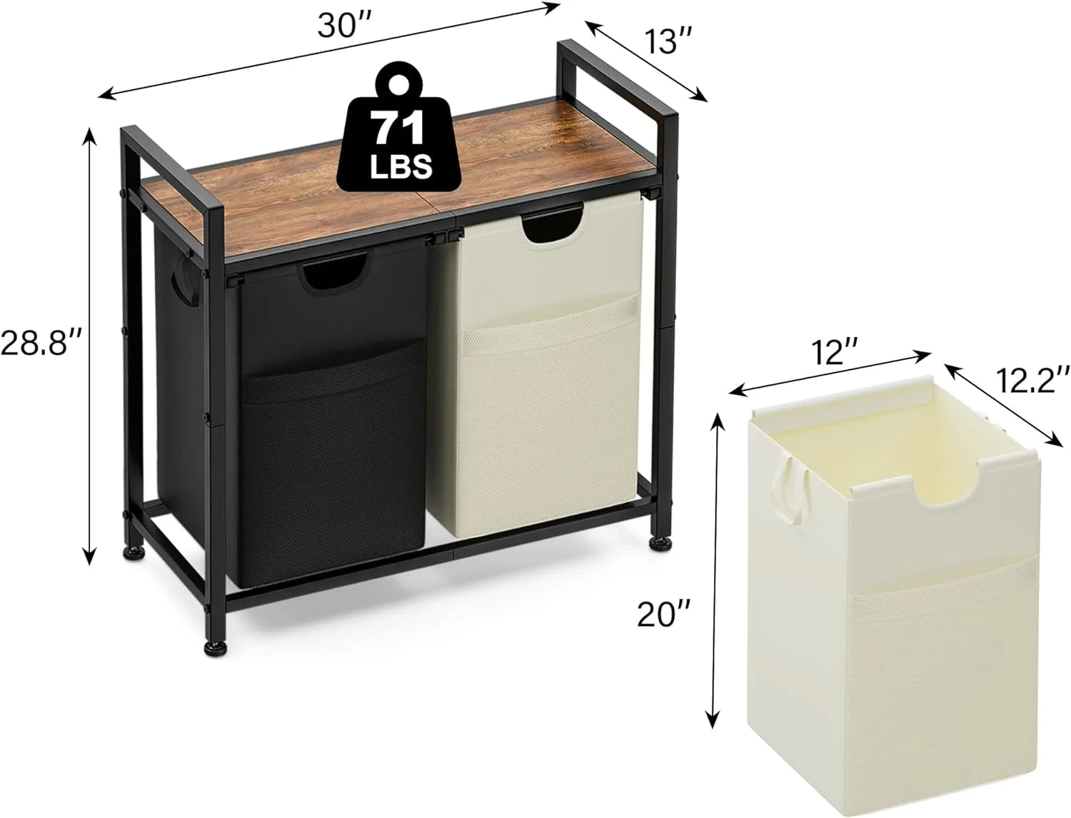 Laundry Hamper, 112L Large Double Laundry Basket, Freestanding Laundry Sorter Organizer 2 Section with Top Shelf & 2 Removable Washable Bags & Side Pockets for Dorm