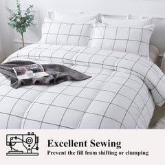 White Grid Comforter Set Queen(90X90Inch), 3 Pieces (1 Plaid Comforter and 2 Pillowcases) White Plaid Comforter Set, Lightweight Microfiber Gingham Geometric Comforter Bedding Set
