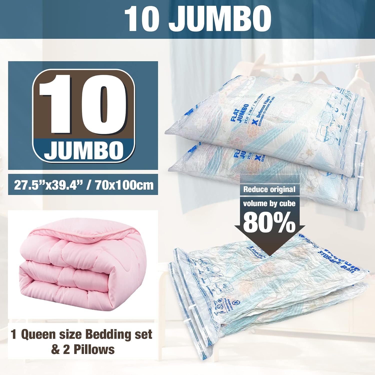 Vacuum Storage Seal Bags, 10 Jumbo Space Saver Vacuum Sealer Bags for Clothes, Comforters, Blankets, Bedding (10J)