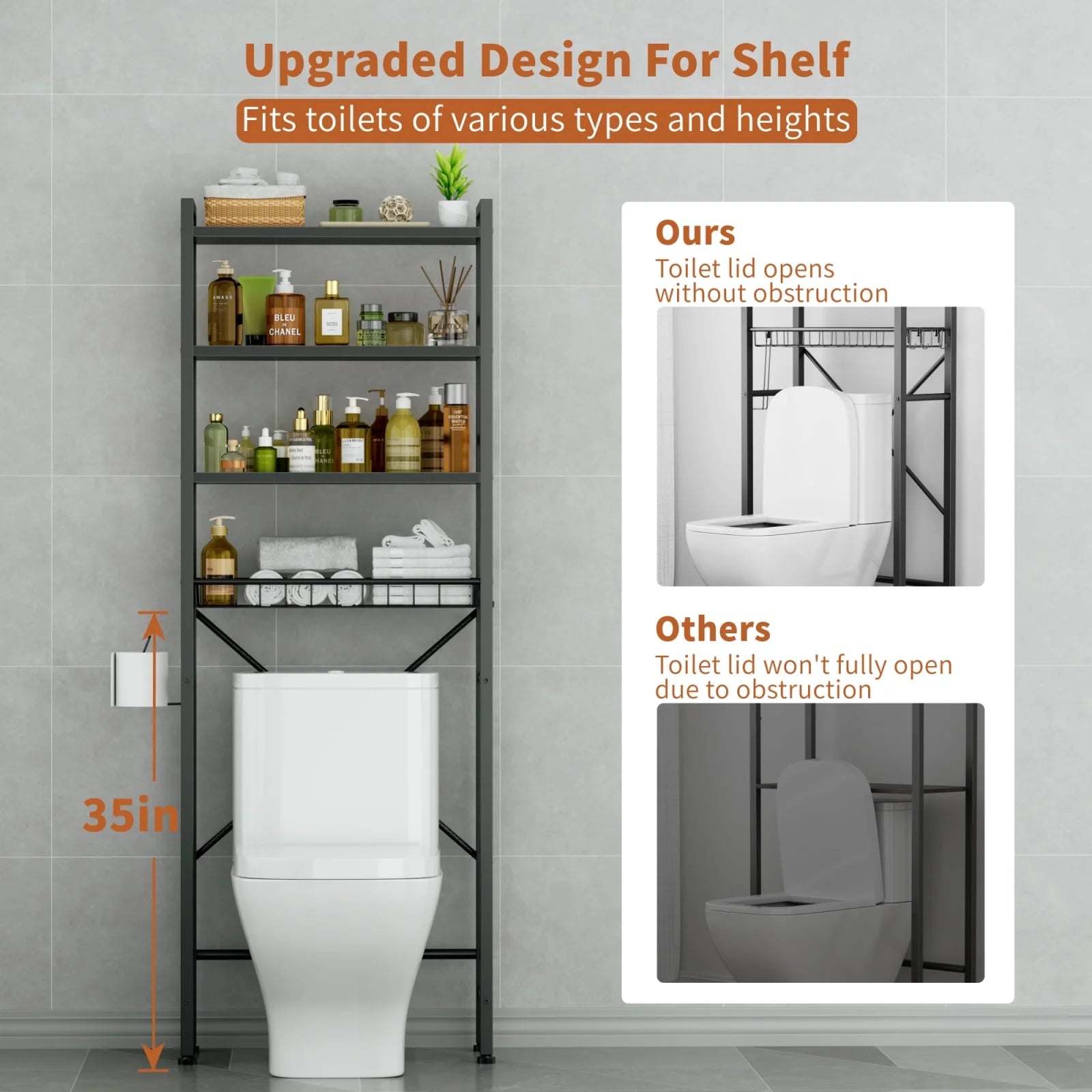 over the Toilet Storage, 4-Tier Freestanding Bathroom Shelf, above Toilet Space Saver Rack, Black