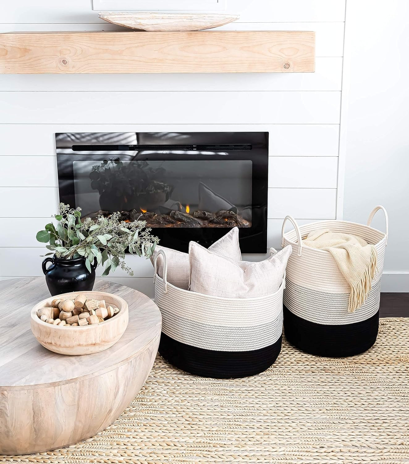 Large Woven Storage Basket for Blankets and Toys 20" X 13" Inch, Rope Laundry Basket with Handles, Cushions & Pillows Storage Bin, Nursery Hamper, Soft round Dog Toy Bin - Black/Off-White