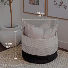 Large Woven Storage Basket for Blankets and Toys 20" X 13" Inch, Rope Laundry Basket with Handles, Cushions & Pillows Storage Bin, Nursery Hamper, Soft round Dog Toy Bin - Black/Off-White