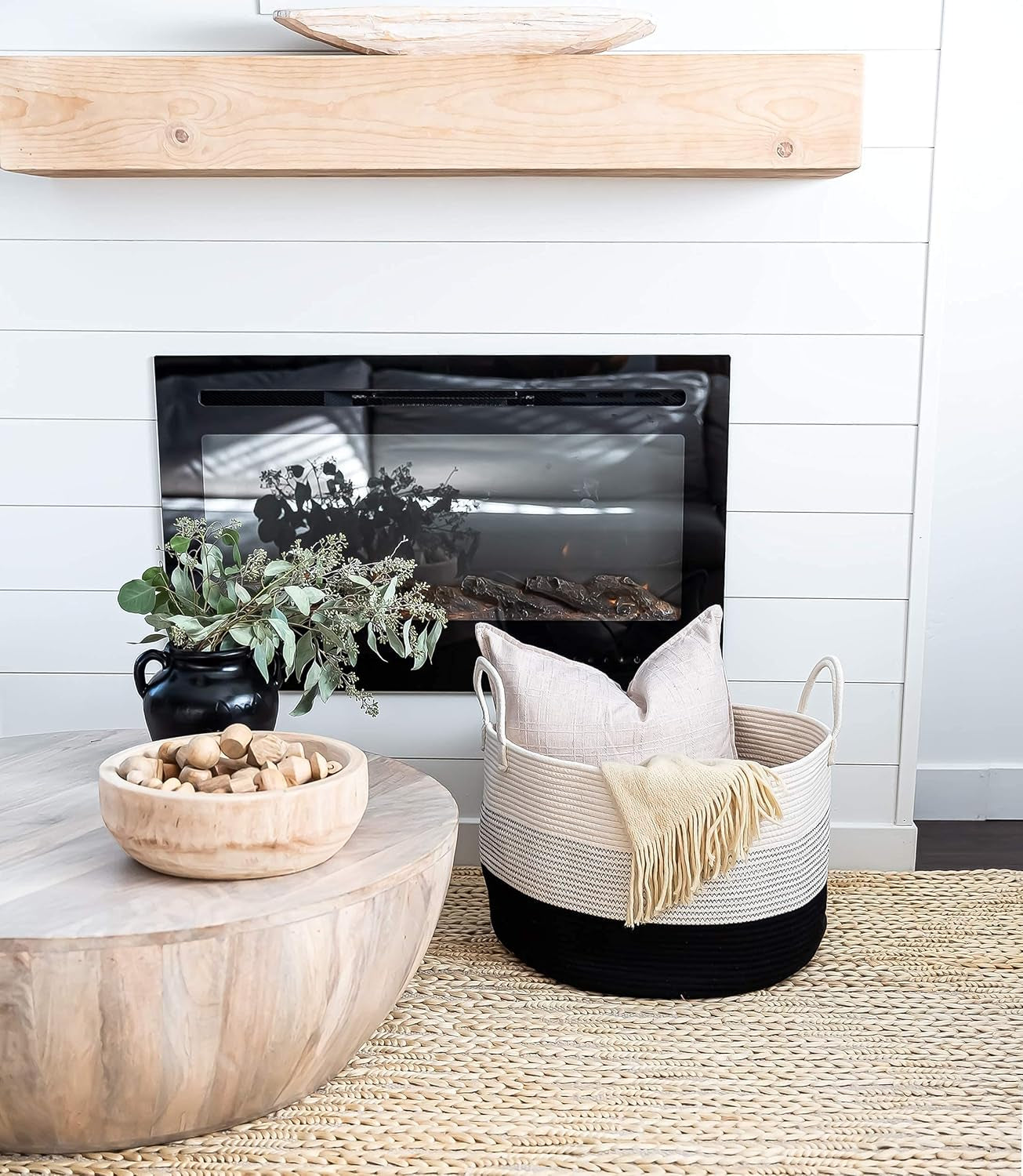 Large Woven Storage Basket for Blankets and Toys 20" X 13" Inch, Rope Laundry Basket with Handles, Cushions & Pillows Storage Bin, Nursery Hamper, Soft round Dog Toy Bin - Black/Off-White