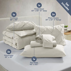 California King Comforter Set, Bed in a Bag 7 Pc Pleated Bedding Set,Off White