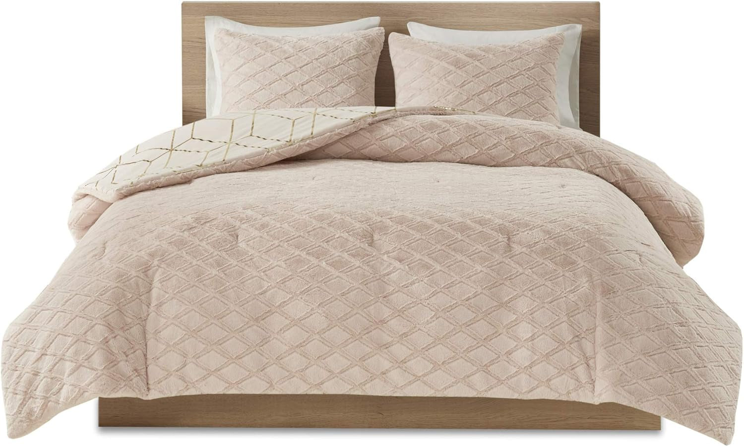 Ainsley Comforter Set-Geometric Metallic Print to Faux Fur Reverse Trendy All Season Hypoallergenic Bedding, Matching Sham, King, Blush 3 Piece (ID10-1763)