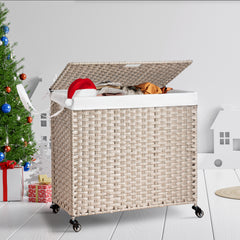 Laundry Hamper with Lid PE Rattan Powder Coating Frame Clothes Hampers with 02 Removable Bags, Wheels, 160L, Gray Color