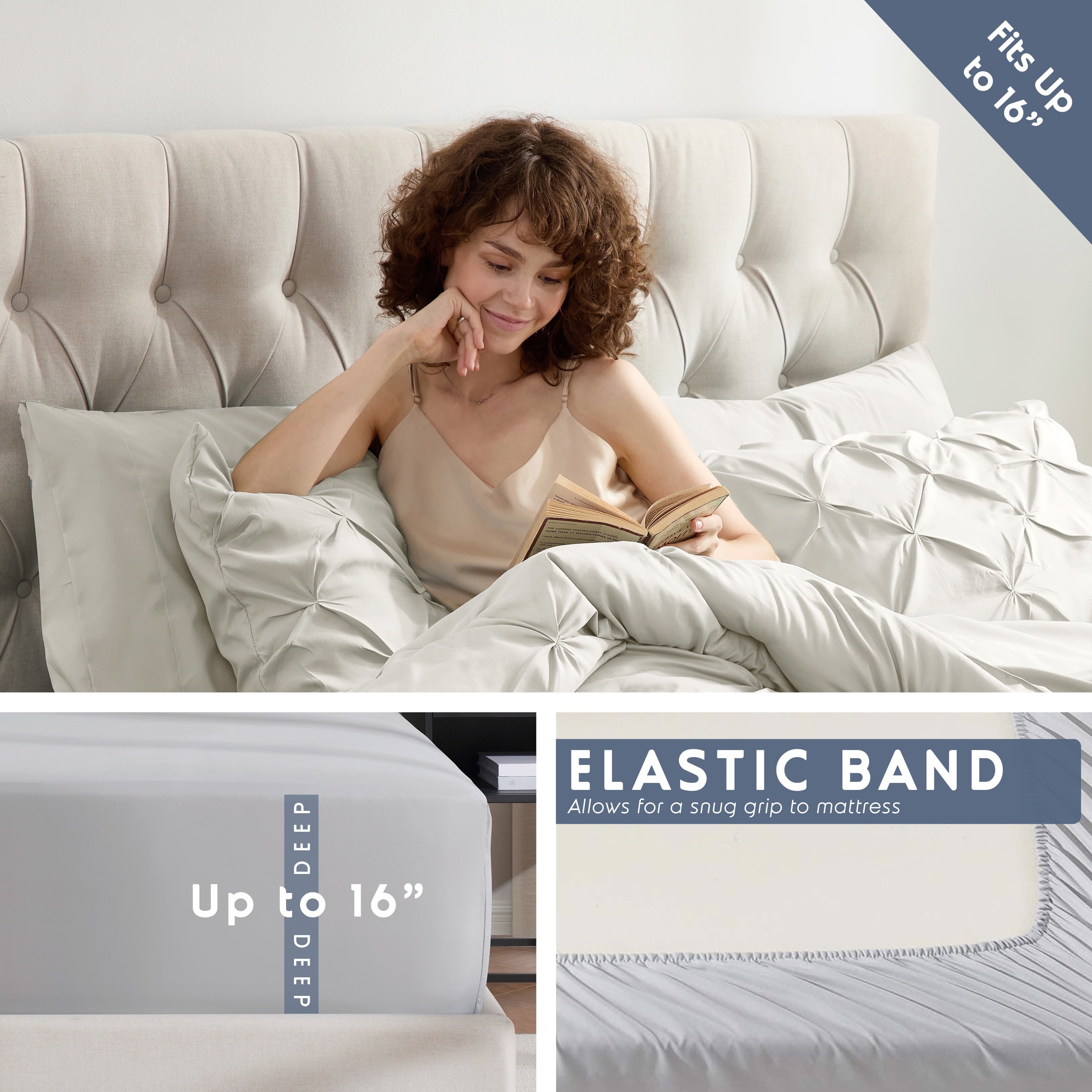 California King Comforter Set, Bed in a Bag 7 Pc Pleated Bedding Set,Off White