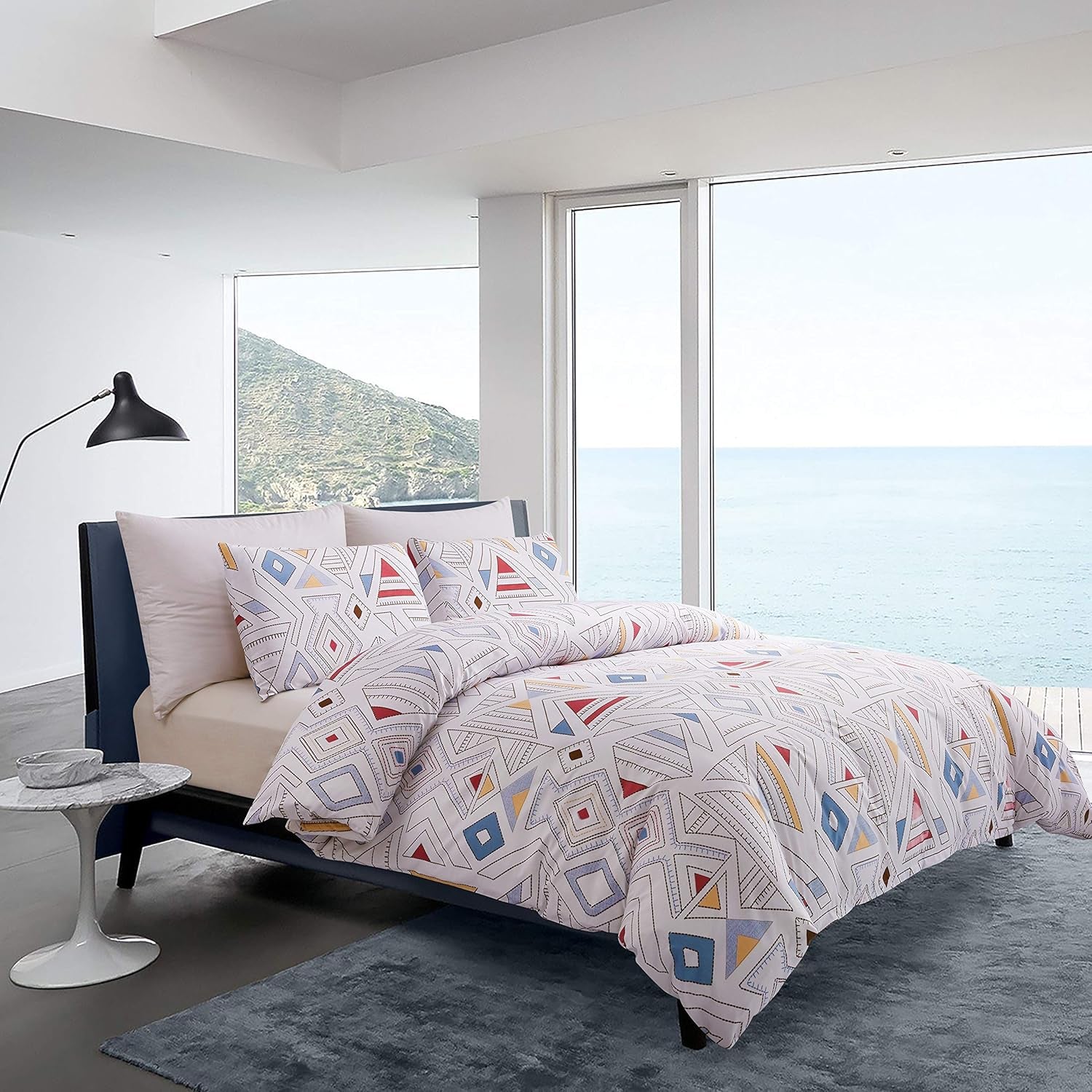 White Soft Bedding Duvet Cover Set Queen Lightweight Soft Full Comforter Cover 90"X90"With 2 Pillow Shams Hotel Quality Geometry Bedding Set