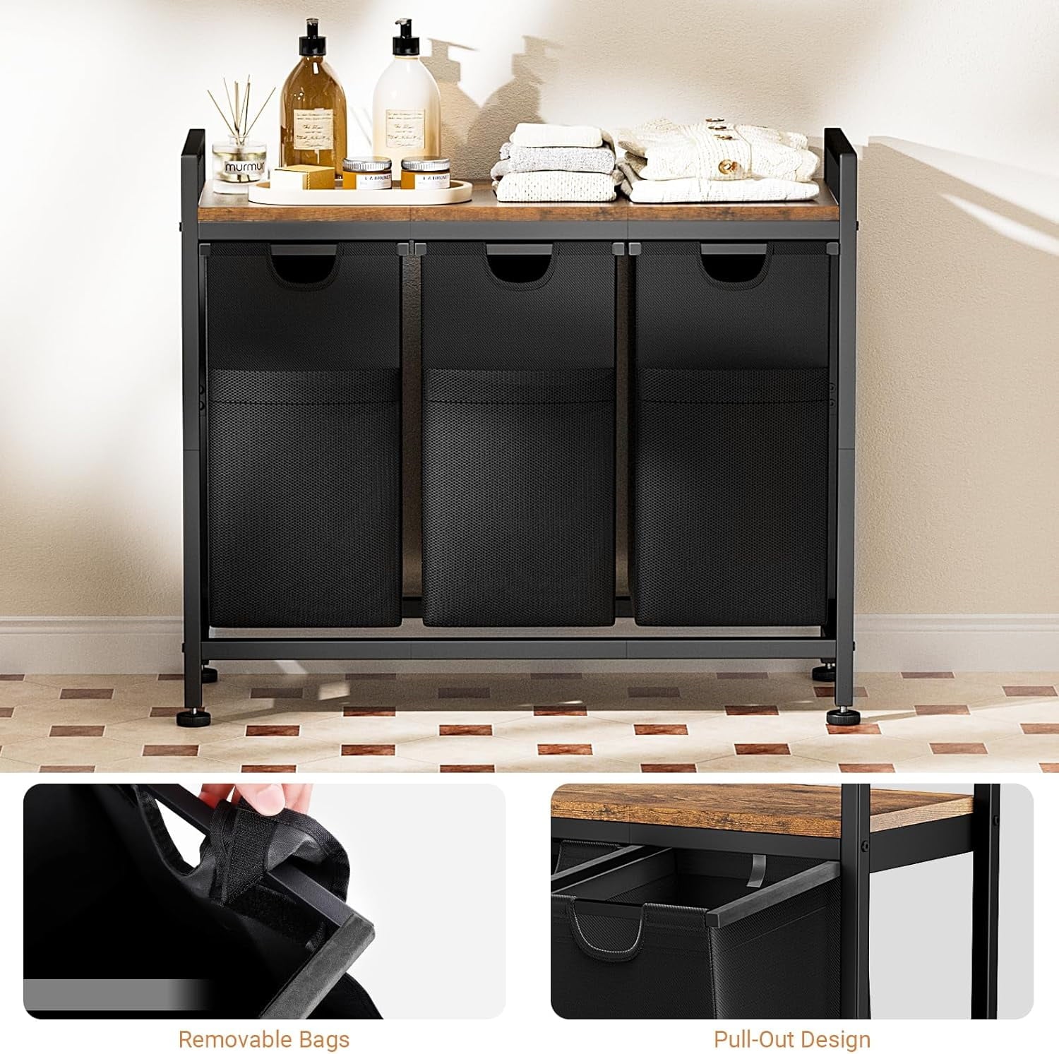 Laundry Basket, 142L Large Double, Freestanding Laundry Hamper 3 Section with Top Shelf & 3 Removable Washable Bags & Side Pockets for Dorm