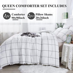 White Grid Comforter Set Queen(90X90Inch), 3 Pieces (1 Plaid Comforter and 2 Pillowcases) White Plaid Comforter Set, Lightweight Microfiber Gingham Geometric Comforter Bedding Set