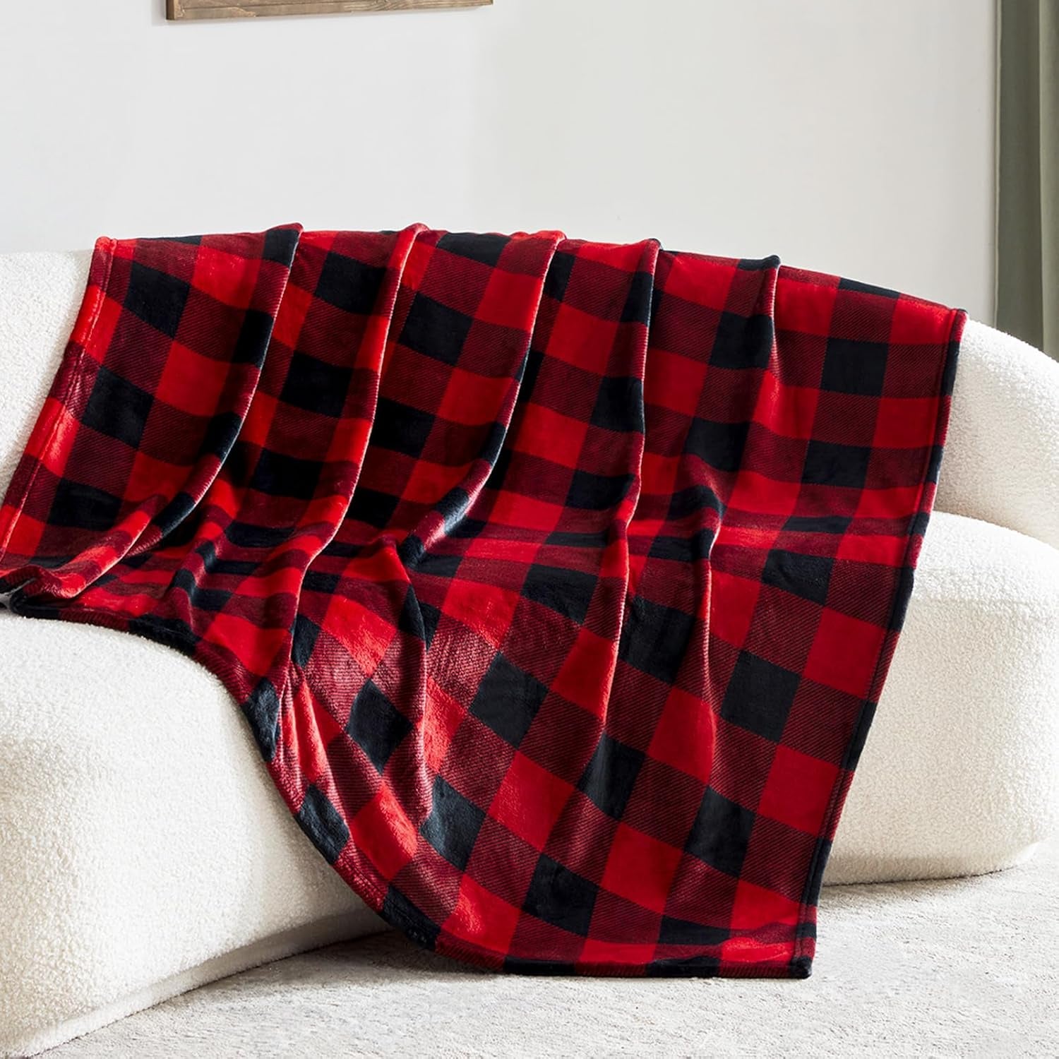 Fleece Throw Blankets, Buffalo Plaid Throw Blanket for Couch Sofa Bed, Soft Warm Fuzzy Cozy Plush Checkered Blanket, Lightweight Farmhouse Decor(Red and Black Plaid, 50“ X60”)