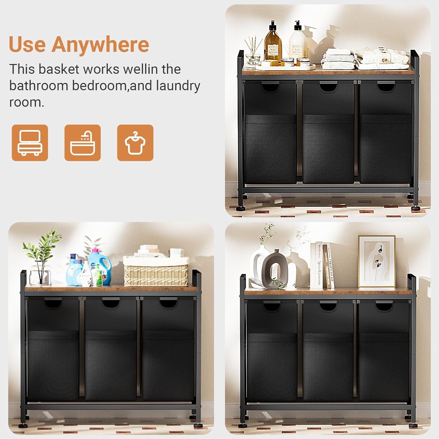 Laundry Basket, 142L Large Double, Freestanding Laundry Hamper 3 Section with Top Shelf & 3 Removable Washable Bags & Side Pockets for Dorm