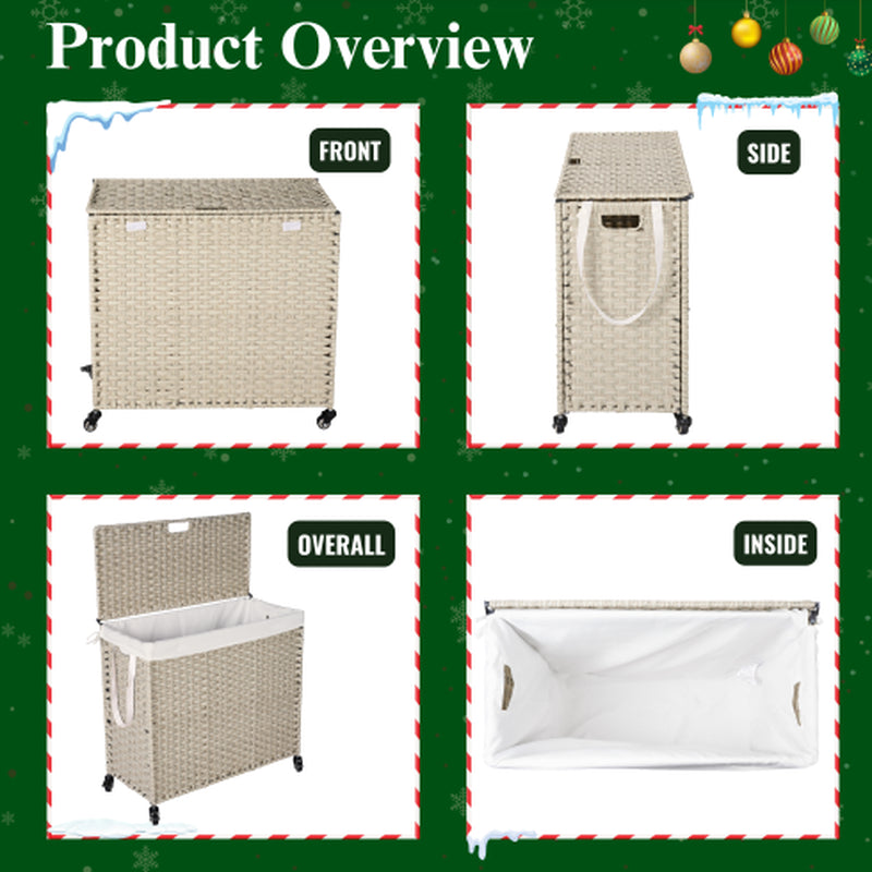 Laundry Hamper with Lid PE Rattan Powder Coating Frame Clothes Hampers with 02 Removable Bags, Wheels, 160L, Gray Color